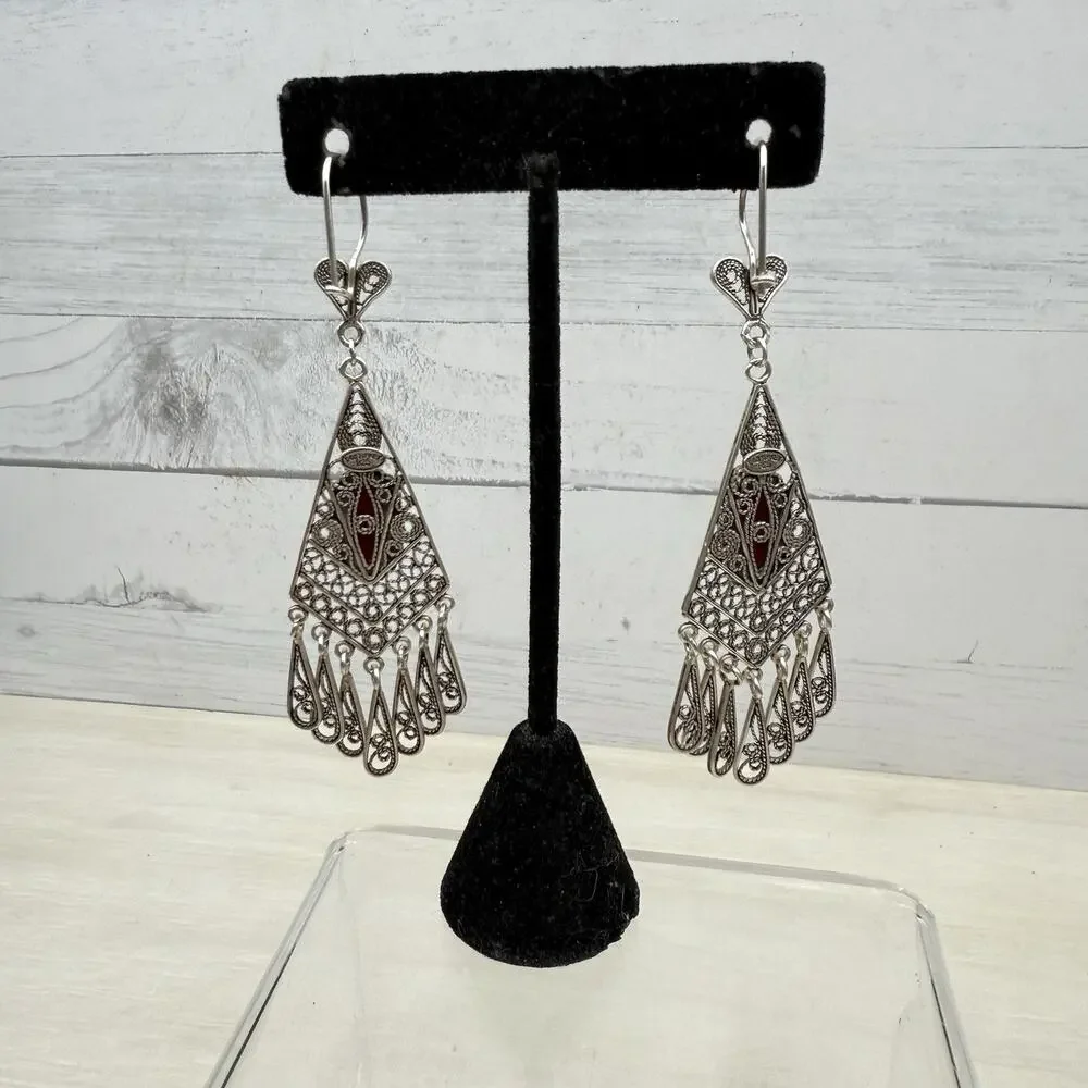 DGS Turkey 925 Sterling Silver Filigree Carnelian Dangle Earrings 16.4 grams